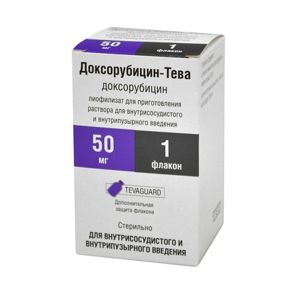 Доксорубицин-Тева лиофилизат для приг. р-ра для внутрисосудистого и внутрипузырного введения 50мг №1